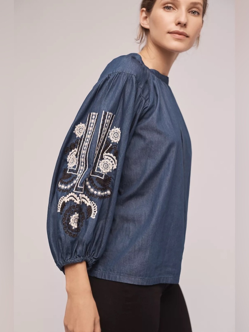 Ne Quittezpas by Anthropologie Genissat Peasant Top in Dark Denim Size Small